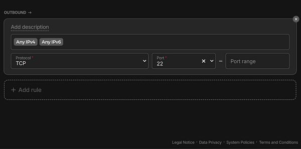 The image displays a user interface for configuring outbound firewall rules.