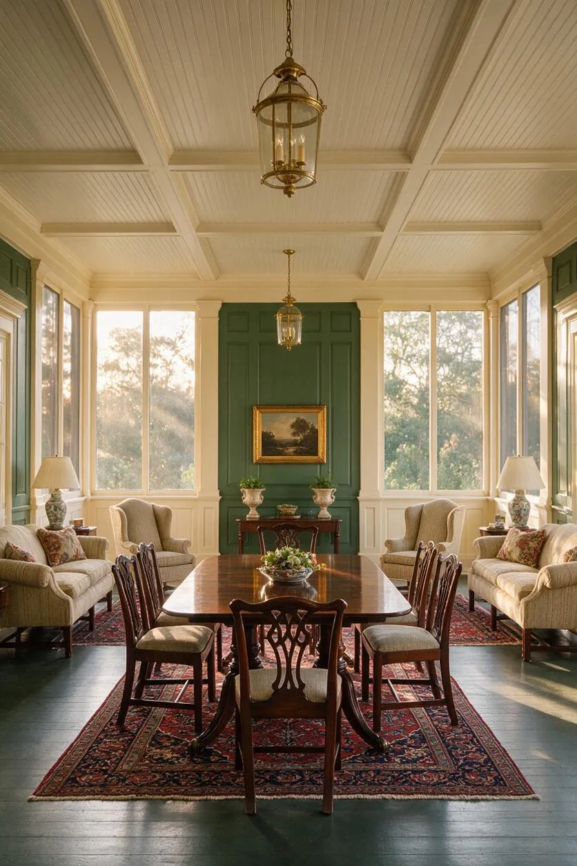 A traditional front porch arranged like a sunroom, with dark green paneled walls, cream trim, tall windows, and a coffered beadboard ceiling. The space features a polished wooden dining table, carved wood chairs, upholstered seating, patterned area rugs, brass lantern pendants, and table lamps on side tables.