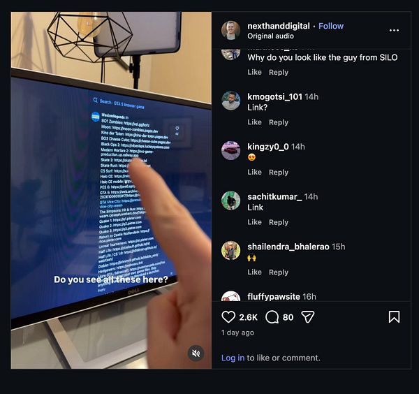 A finger points at a computer screen showing a list of web links under a search for 'GTA 5 browser game' alongside an Instagram post with comments.