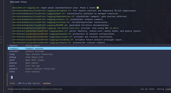 Terminal window showing a list of relevant Terraform files and a command menu with available session commands from OpenCode.