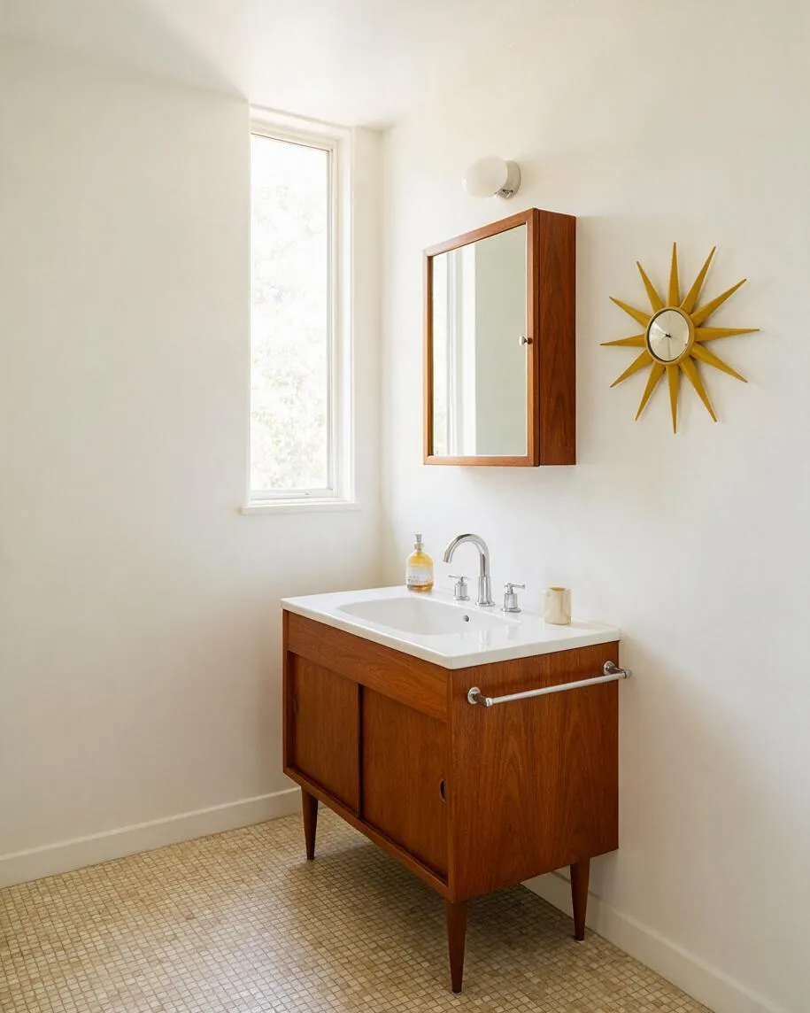 A bright powder room with white walls, a narrow vertical window, and a mid-century teak vanity topped with a white sink. A wood-framed mirror cabinet and a yellow starburst wall clock add retro character above the sink.