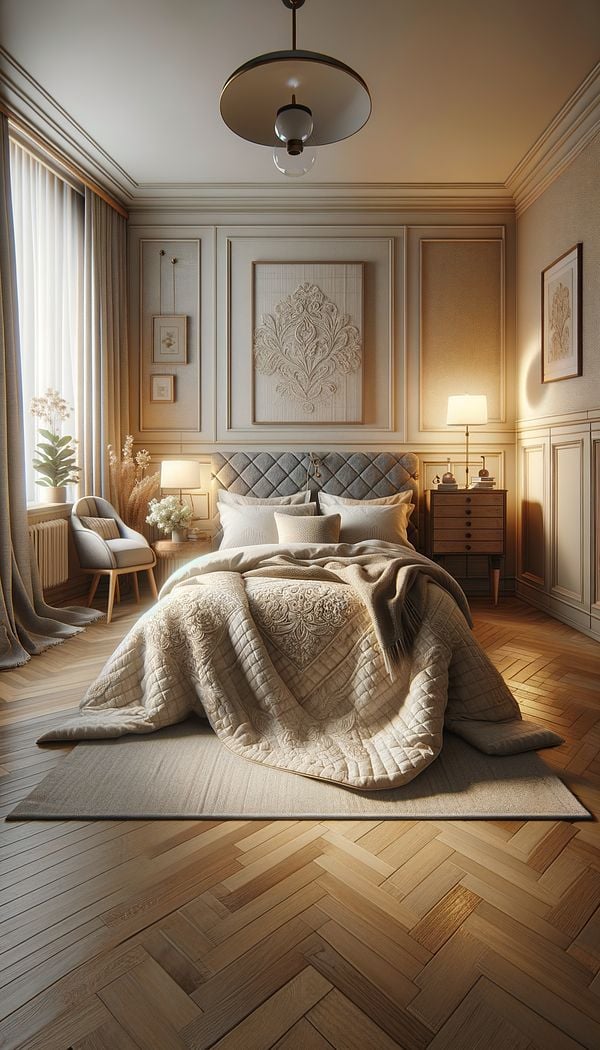 A cozy bedroom with a plush comforter spread out on the bed, showcasing its quilted design and complementing the room's interior design.