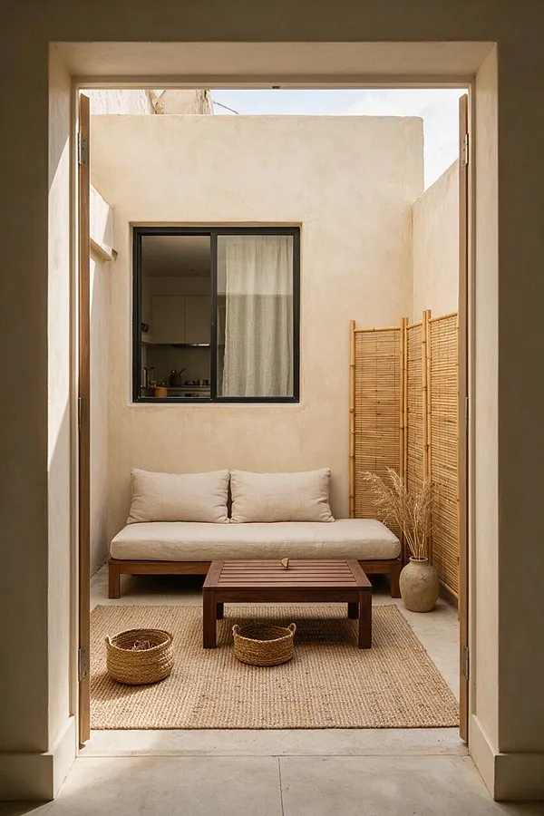 A small Japandi-style backyard patio viewed through open doors, featuring a low cushioned lounge with beige linen upholstery, a slatted wooden coffee table, woven baskets, a jute rug, and a bamboo screen. Cream plaster walls and a dark-framed window create a calm, minimalist outdoor retreat.