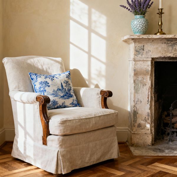 A sunlit French country living room corner features a slipcovered linen armchair with carved wood arms and a blue-and-white toile pillow. Next to it, a patinated limestone fireplace holds a mint crackle-glazed vase filled with lavender and a brass candlestick; cream plaster walls, warm oak herringbone flooring, and an iron grate inside the firebox complete the scene as windowpane light casts soft shadows across the chair and mantel.