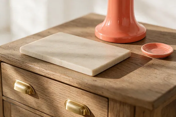 A close-up of a rustic oak dresser topped with a cream stone slab, a coral ceramic lamp base, and a small matching dish. The drawer fronts feature curved brass pulls, creating a warm eclectic mix of natural wood, stone, metal, and glossy ceramic finishes.