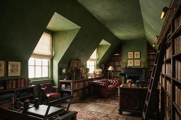 A moody attic-style room combines a home gym with a scholarly dark academia library aesthetic. Green sloped walls frame tall windows with Roman shades, while dark wood bookshelves, leather seating, a fireplace, rugs, and vintage decor surround a Pilates-style reformer in the foreground.