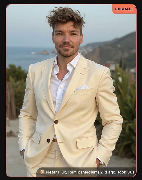 A man in a light-colored suit stands confidently against a scenic coastal backdrop.