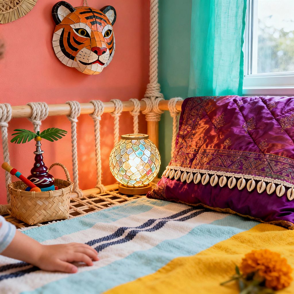 Close-up of a bohemian children’s bed beside a window, with a light natural wood frame laced with thick knotted rope, a glowing capiz-shell mosaic globe lamp on the woven platform, and a purple embroidered silk pillow trimmed with cowrie shells. Coral and teal walls frame a mosaic tiger mask while sheer turquoise curtains filter daylight over a striped cotton blanket in aqua, white, navy, and mustard, with a small woven basket of toys and a child’s hand in view.
