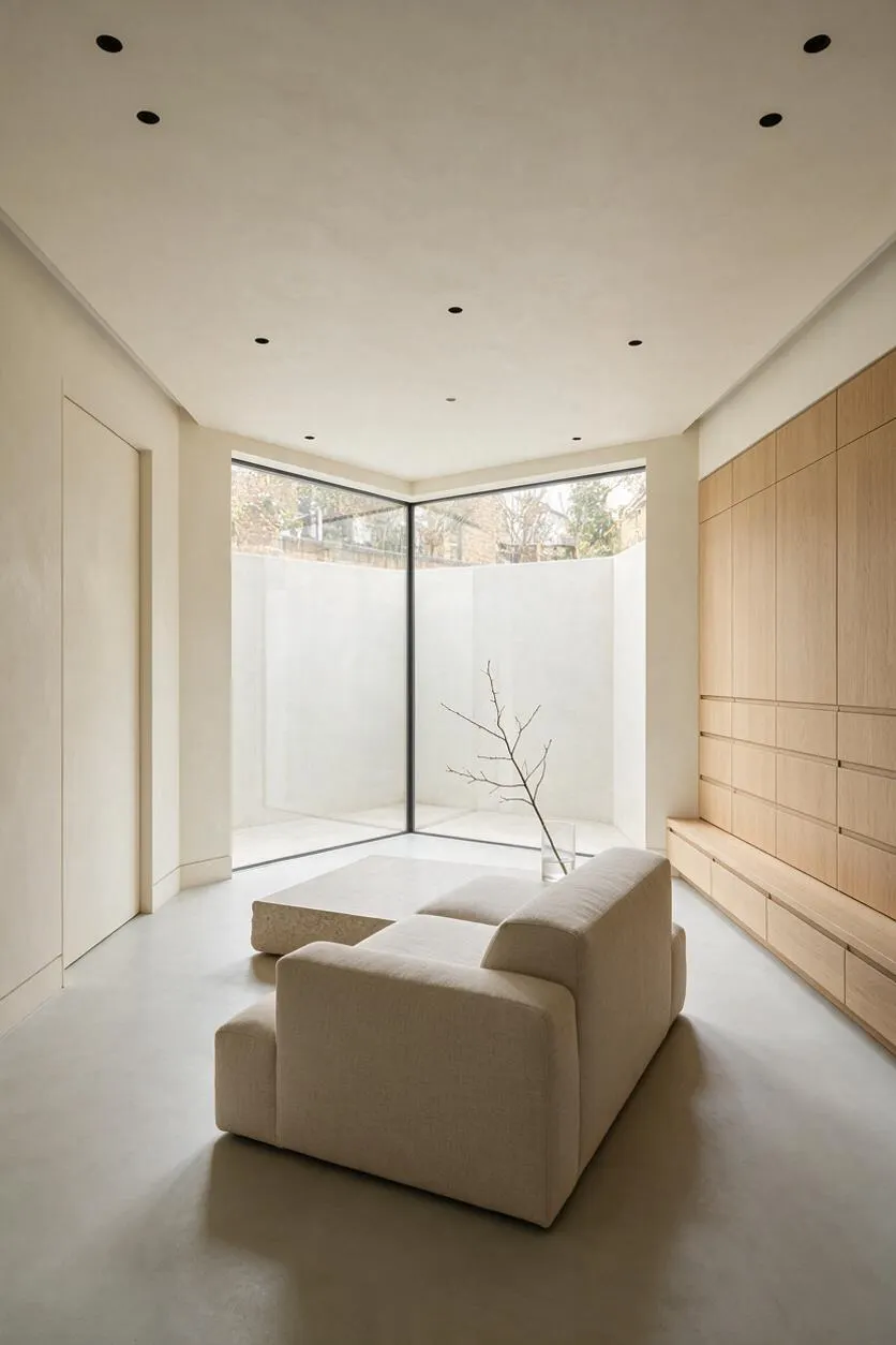 A bright minimalist sunroom with a cream upholstered sofa, a low stone coffee table, and a slender branch in a clear vase near floor-to-ceiling corner windows. Light wood built-in cabinetry lines one wall, while smooth white walls and a pale floor create a calm, airy atmosphere.