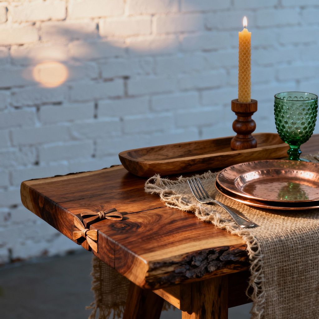 Close-up of a rustic dining vignette featuring a live-edge solid wood table with visible bark and butterfly bowtie inlays at the corner. A frayed burlap runner holds stacked hammered copper plates beside a stainless fork, a green hobnail glass goblet, a beeswax taper candle in a turned wooden holder, and a shallow wooden tray, all set against a white-painted brick wall lit by warm afternoon sunlight and soft circular shadows.