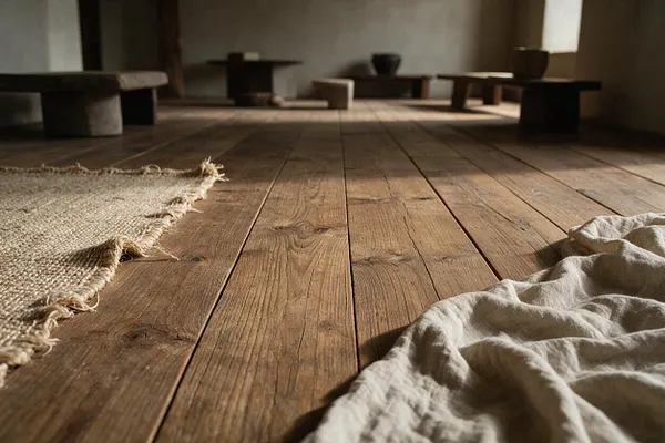 A low-angle view of a rustic interior with wide weathered wooden floorboards stretching into a dim, minimalist room. A frayed natural fiber rug lies on the left, and a crumpled linen cloth rests on the right, while low dark furniture and soft light create a calm Wabi-Sabi atmosphere.