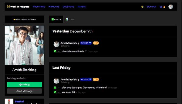 The image displays a user interface from a task management platform featuring a profile and recent activities of a user named Amrith Shanbhag.