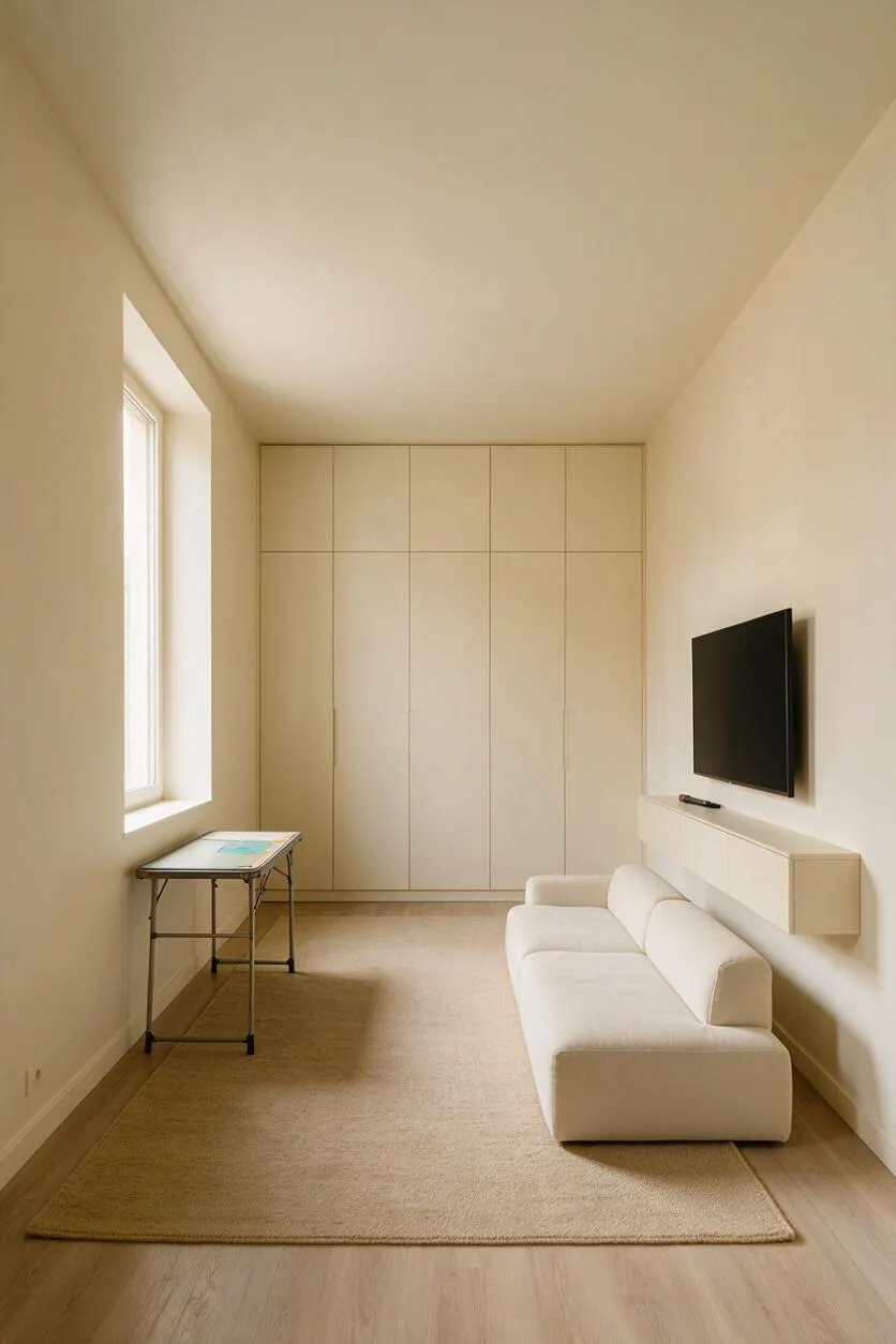 A narrow minimalist game room with cream walls, a tall window on the left, and built-in storage across the back wall. A low white sofa sits along the right side beneath a wall-mounted TV, while a small folding table stands near the window and a beige area rug softens the light wood floor.