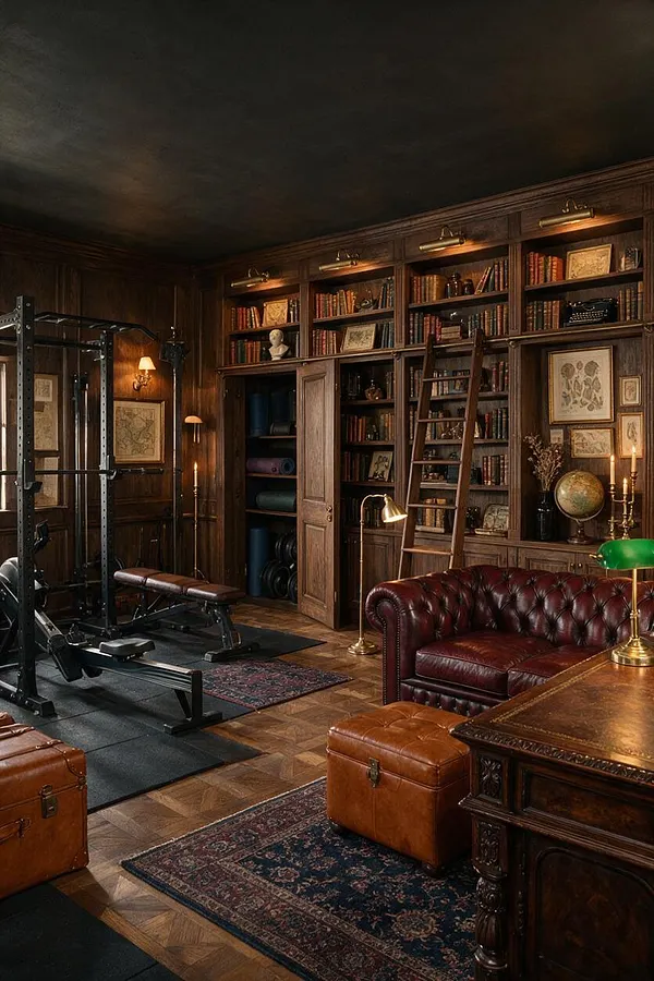 A moody home gym styled like a scholarly library, with dark wood wall paneling, built-in bookshelves filled with books and decor, a ladder, and warm brass lamps. Exercise equipment sits on black floor mats beside leather seating, rugs, and vintage trunk-style storage.