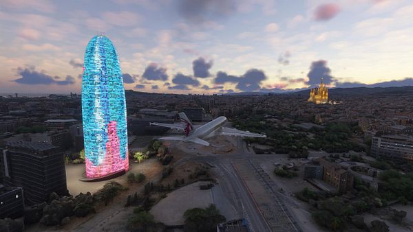 A vibrant aerial view of Barcelona featuring the iconic Torre Glòries and an airplane in flight.