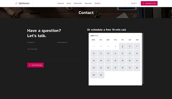 User interface design of a contact page featuring an embedded calendar for booking a call.