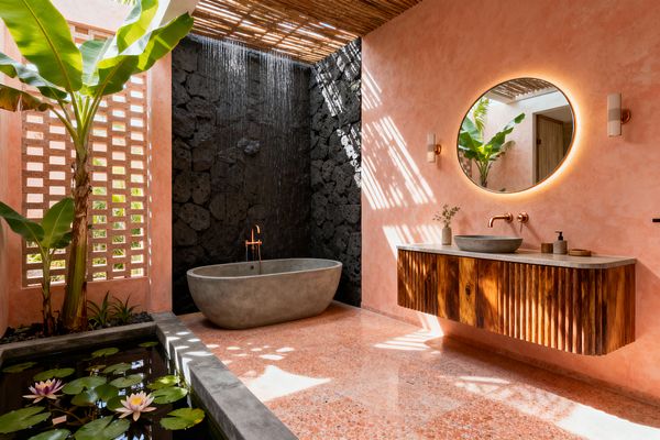 Open-air tropical bathroom with coral-pink plaster walls and a rosy terrazzo floor. A concrete soaking tub sits beside a black lava-stone wall with a cascading rainfall shower beneath a bamboo slatted roof, creating striped sunlight. Opposite, a floating ribbed teak vanity with a stone countertop and round backlit mirror features copper wall-mounted taps. A breeze-block screen, banana plants, and a shallow pond with water lilies complete the lush, spa-like setting.