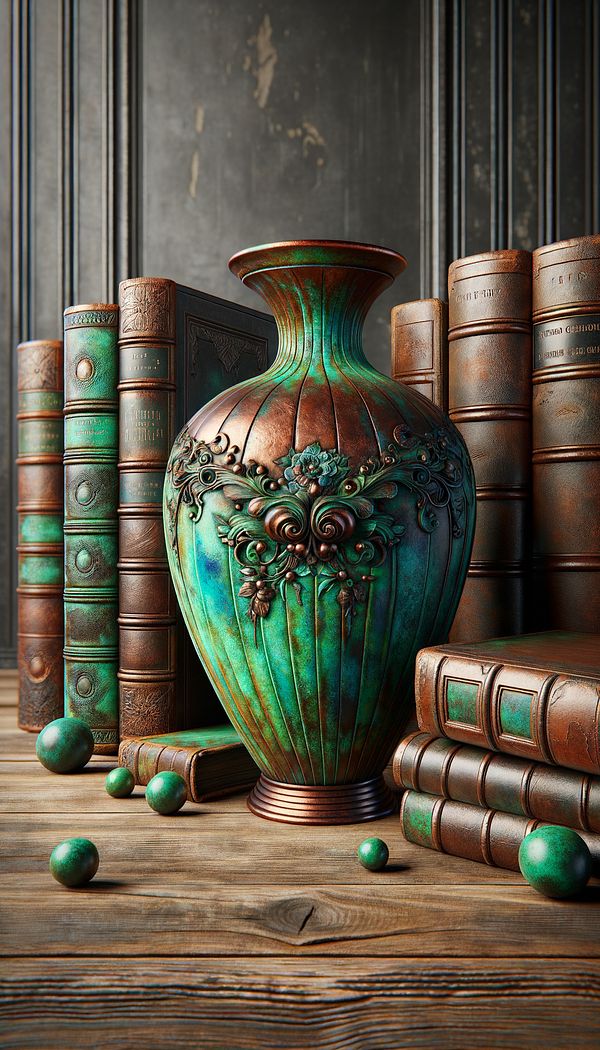 A weathered copper vase with a vibrant green patina stands on a rustic wooden table, surrounded by antique leather-bound books.