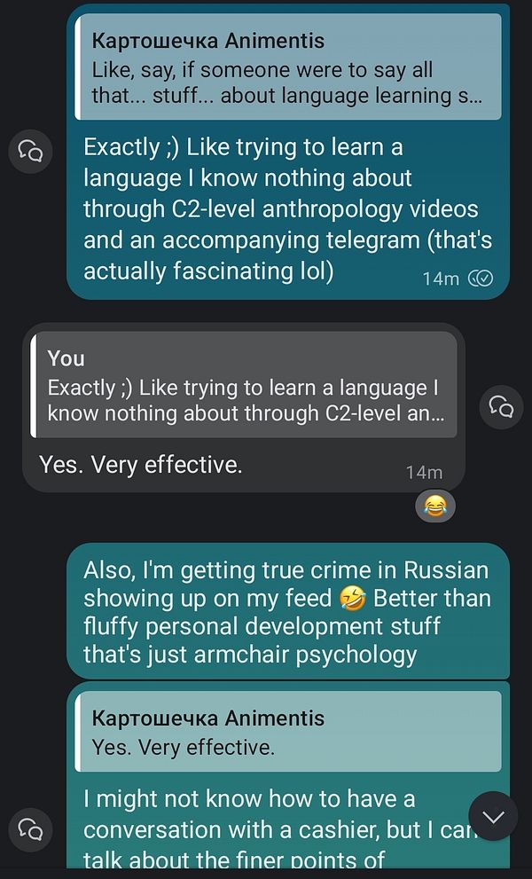 A chat conversation discussing unconventional methods of learning Russian and personal development content.