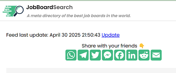 The image displays a section of a webpage for JobBoardSearch, highlighting the last update information and sharing options.