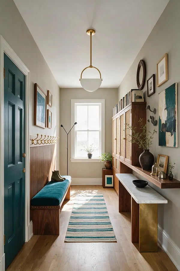A narrow eclectic mudroom with a deep teal front door, warm wood floors, a slatted wood bench with a teal cushion, and brass coat hooks. On the right, a wood cabinet with woven doors, a marble-topped console, framed art, and sculptural decor create a layered, curated look under a modern brass pendant light.