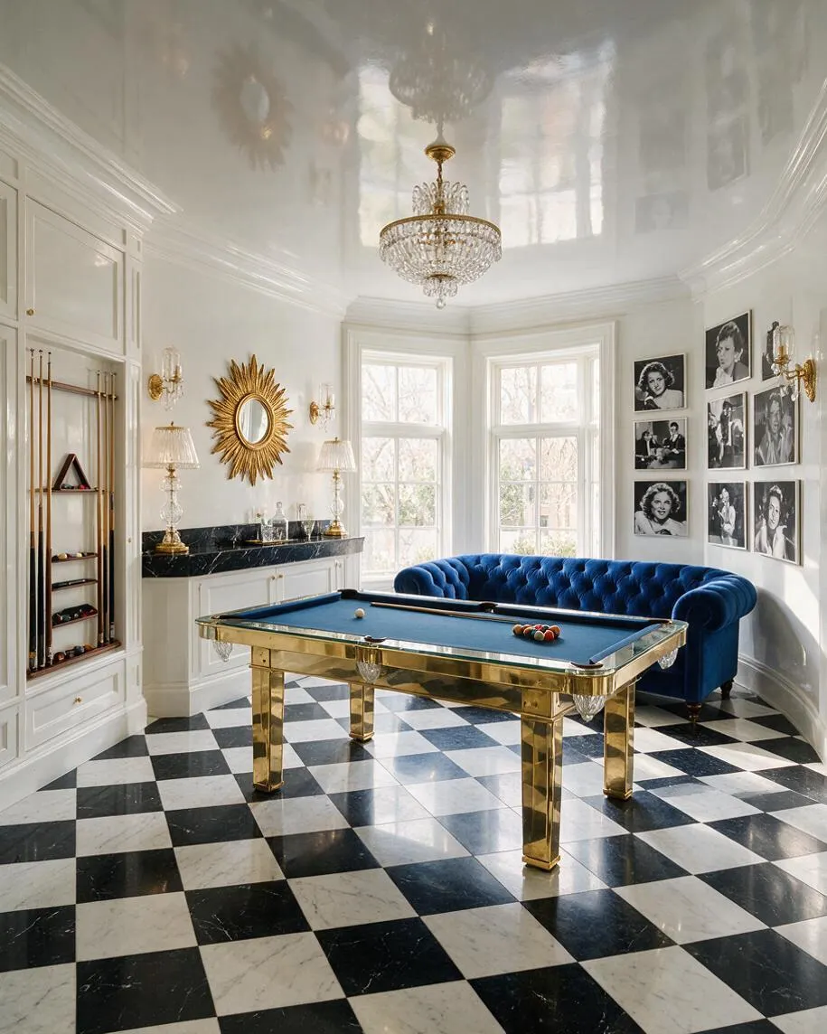 A bright Hollywood Regency game room with a gold-framed pool table centered on a black-and-white checkerboard floor. The room features a deep blue tufted velvet sofa, a crystal chandelier, gold sunburst mirror, marble-topped cabinetry, and black-and-white portrait photos on the walls.