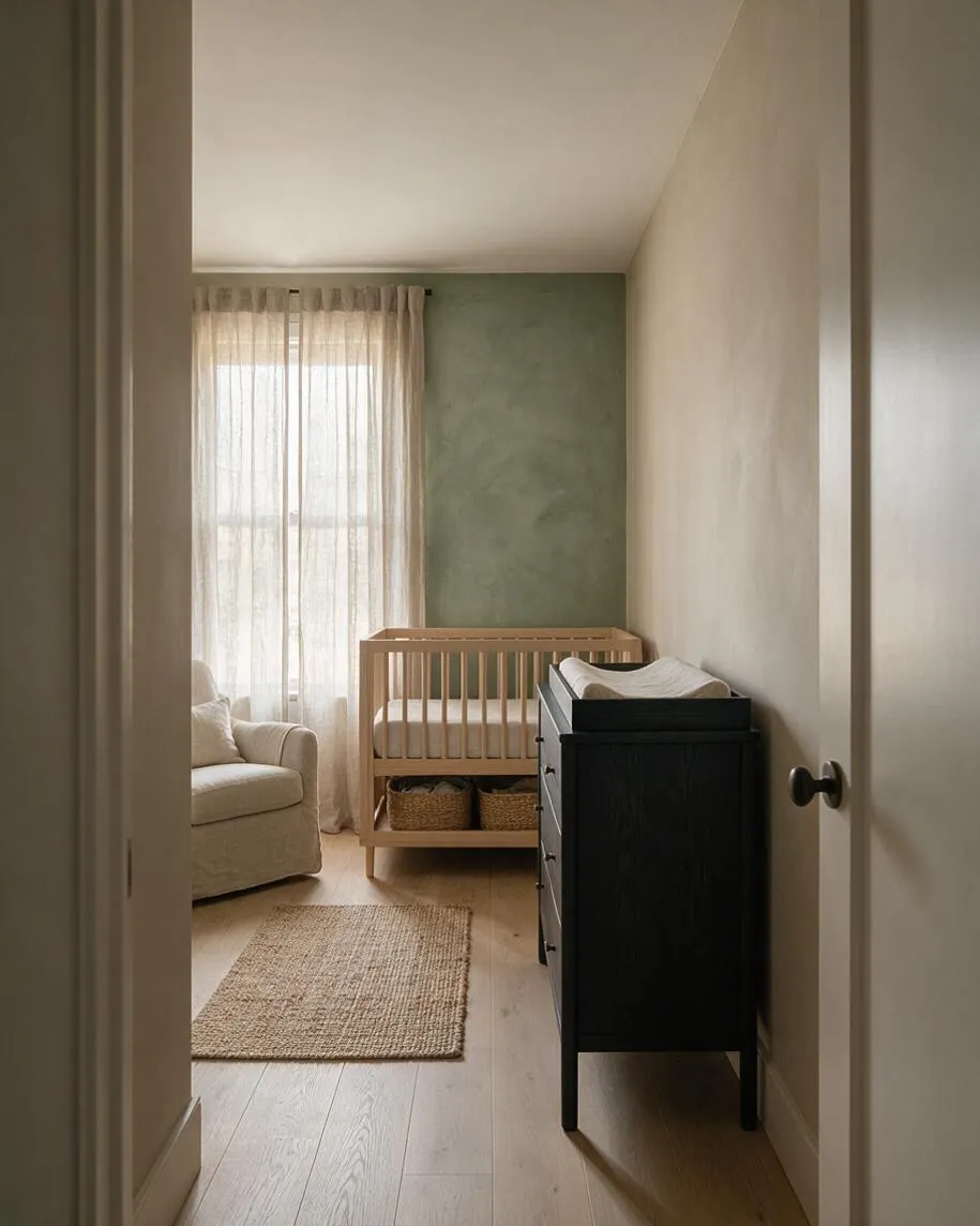 A narrow nursery with a natural wood crib centered against a soft sage green wall, sheer curtains filtering daylight from a tall window, and a cream upholstered chair in the corner. A dark dresser with changing pad, woven basket storage, and a jute rug complete the calm Japandi-inspired space.