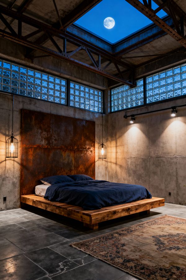 An industrial bedroom with raw concrete walls and glass-block clerestory windows centers on a low reclaimed-wood platform bed dressed in navy bedding. A large rusted-steel headboard panel anchors the space, flanked by cage pendant lights, while black track spotlights wash the wall; a square skylight framed by exposed steel trusses reveals the night sky and moon above, and the dark slate tile floor is softened by a faded vintage rug near the foot of the bed.