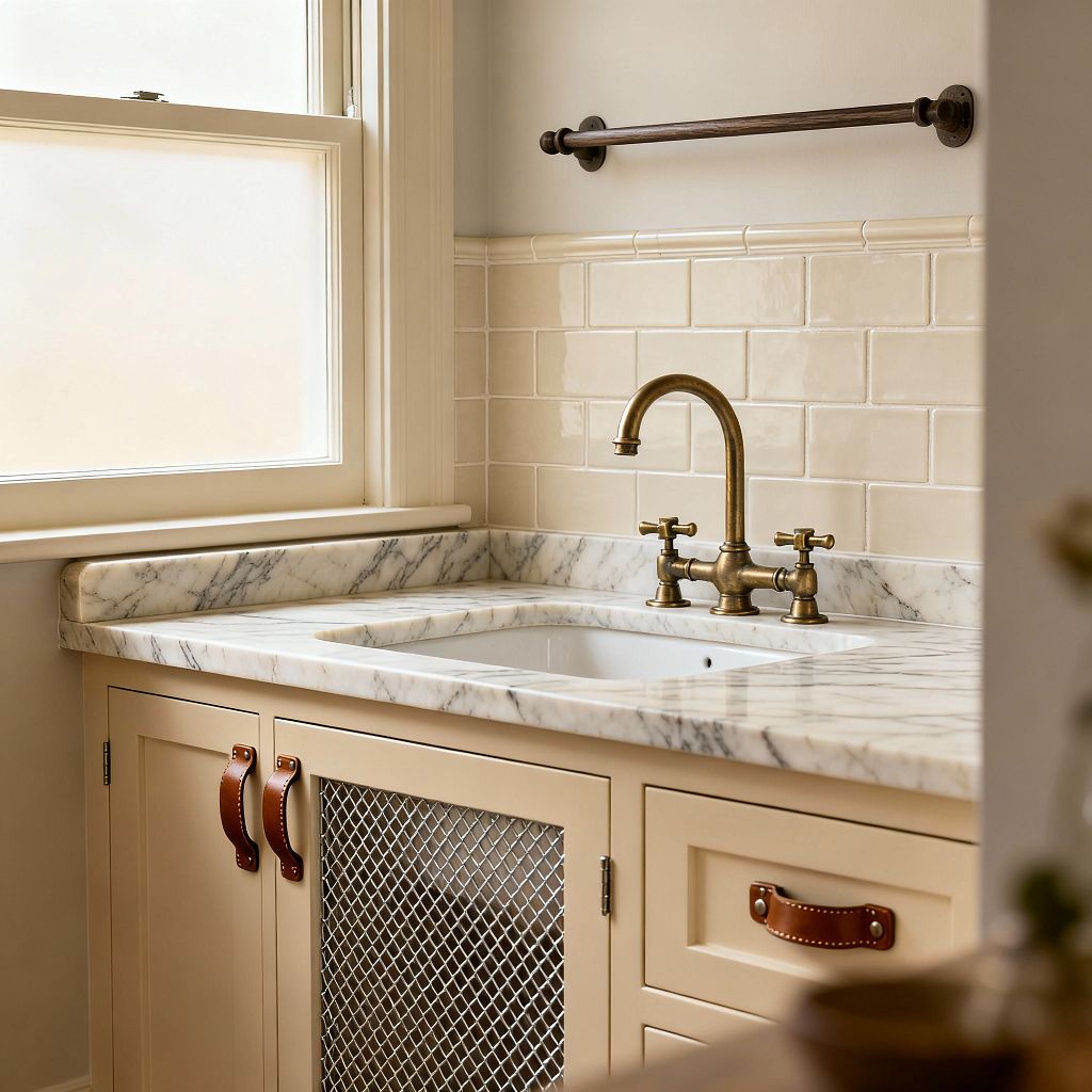 A compact laundry sink area features cream-painted Shaker cabinetry with brown leather strap pulls and a metal mesh door, topped by a white marble countertop with gray veining and an inset rectangular sink. Glossy cream subway tiles back the wall, a vintage-style brass bridge faucet with cross handles sits center stage, and natural light filters through a frosted window beside a dark towel bar, creating a warm transitional look.