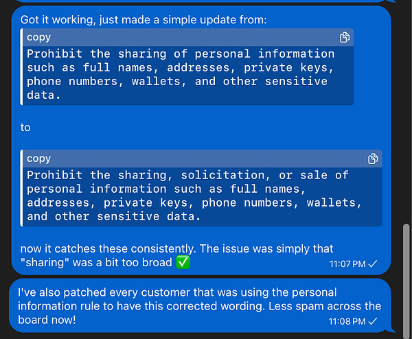 A chat conversation discussing updates to a customer's rule wording for filtering personal information.