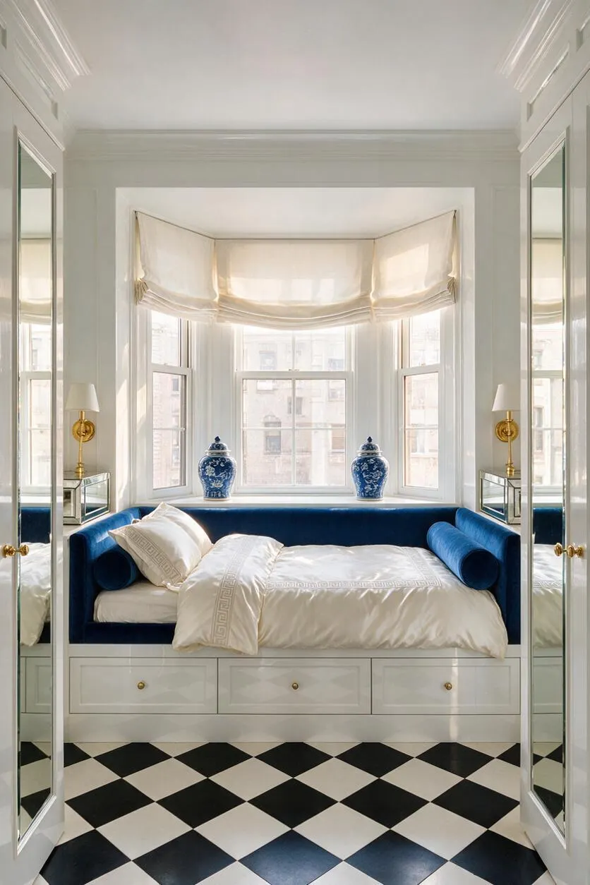 A bright studio apartment nook features a built-in daybed upholstered in deep blue velvet with white bedding, set beneath a bay window with cream Roman shades. Mirrored closet doors flank the space, while blue-and-white porcelain jars, brass sconces, and a black-and-white checkerboard floor create a glamorous Hollywood Regency look.