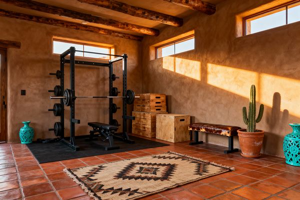A Southwestern-style home gym features tan adobe-textured walls with exposed wood ceiling beams and narrow clerestory windows casting warm sunlight. A black steel squat rack and weight bench sit on a rubber mat beside stacked plywood plyo boxes. Terracotta floor tiles hold a geometric Southwestern wool rug, while a saddle-brown leather bench, a tall cactus in a terracotta pot, and two turquoise ceramic lanterns add color and character.