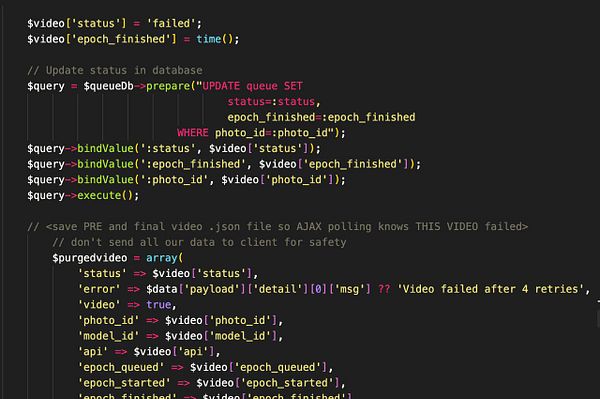 The image displays a code snippet related to handling video generation failures in a database.