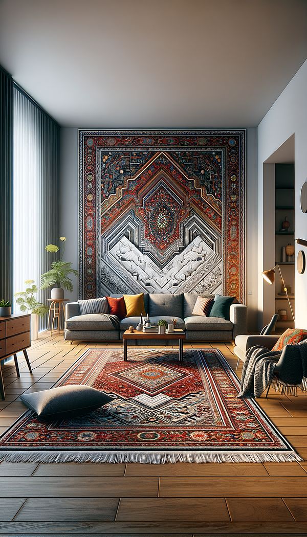 A beautifully designed living room with a Dhurrie rug as the focal point, showcasing intricate patterns and vibrant colors that complement the room's decor.