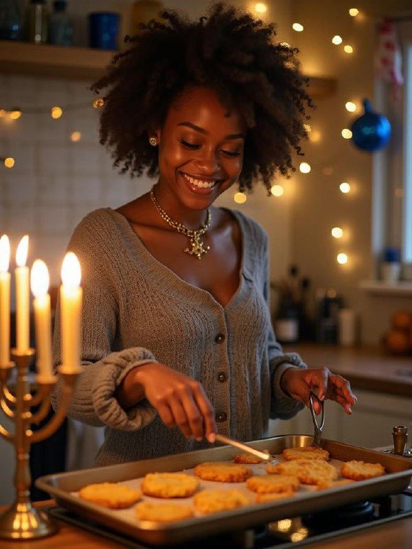 A woman is joyfully preparing food in a warmly lit kitchen decorated for Hanukkah.