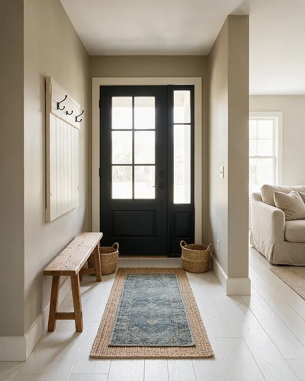 A narrow farmhouse-style entryway with a black Dutch door framed by beige walls and white trim. A rustic wooden bench, woven baskets, and layered natural fiber and blue rugs create a warm, lived-in look, with a glimpse of a light beige sofa in the adjoining room.