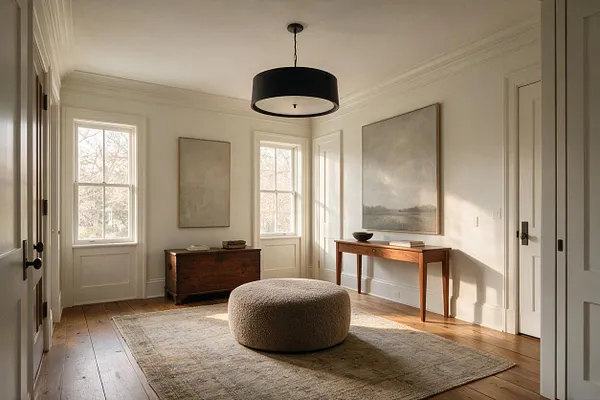 A bright transitional entryway with white walls, warm wood floors, and a large light rug centered by a round upholstered ottoman. The room includes a black drum pendant light, two windows, framed abstract art, a wooden console table, and a vintage chest, creating a calm and polished first impression.