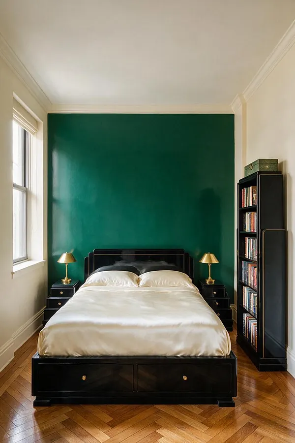 A narrow master bedroom features a black Art Deco-style bed centered against a glossy emerald green accent wall, dressed in white satin bedding. Matching black nightstands with small brass lamps flank the bed, while a tall black bookcase stands on the right and a window on the left brings in natural light over the herringbone wood floor.