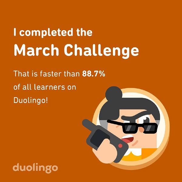 A celebratory graphic from Duolingo showcasing a completed challenge.
