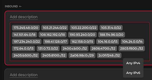 The image displays a user interface for configuring inbound traffic rules with a list of IP address ranges.