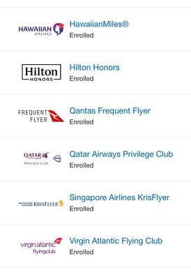 A list of enrolled travel loyalty programs.