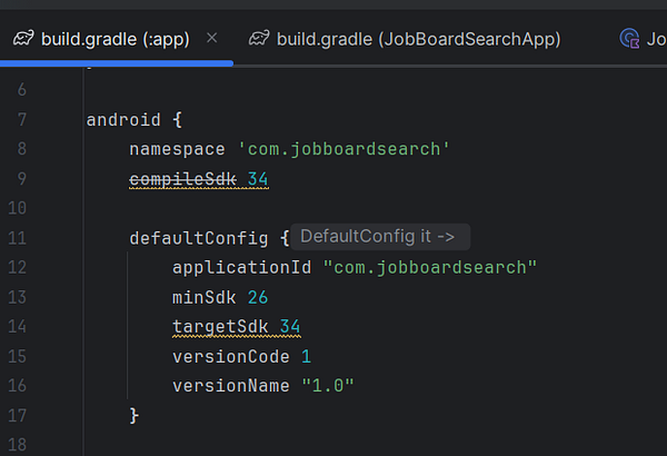 The image displays a code snippet from a build.gradle file for an Android application.