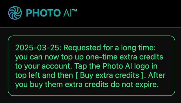 The image displays a notification from the Photo AI application regarding a new feature for purchasing extra credits.