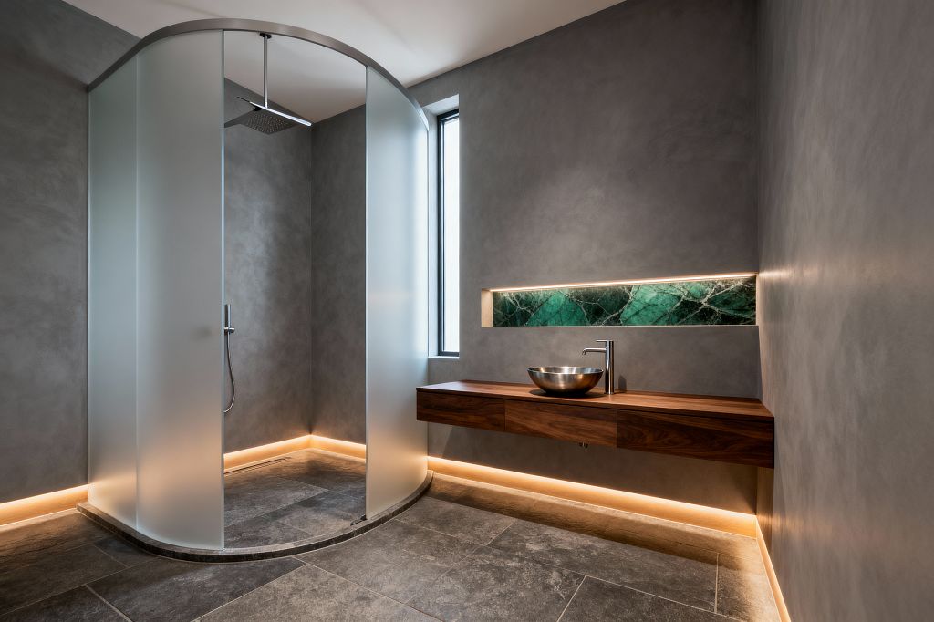A modern bathroom with a curved frosted-glass walk-in shower featuring a ceiling-mounted rain head and handheld sprayer, set against gray microcement walls and charcoal stone flooring. To the right, a floating walnut vanity supports a stainless-steel vessel sink and sleek faucet, while a long recessed niche lined with emerald green marble is lit by warm LEDs; additional perimeter strip lighting and a tall narrow window provide soft, even illumination.