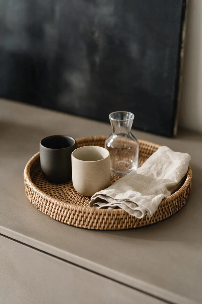 A round woven rattan tray sits on a taupe surface and holds a matte black cup, a cream ceramic cup, a clear glass carafe, and a folded linen napkin. The arrangement feels calm and understated, with soft neutral tones and natural textures.