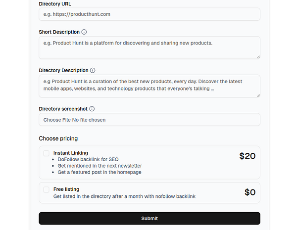 The image displays a form for submitting a directory listing with various input fields and pricing options.