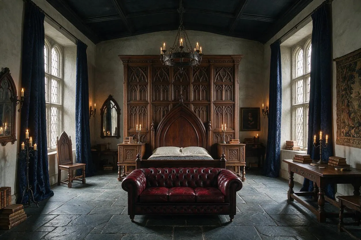 A dramatic Gothic-style guest bedroom with a tall carved oak bed centered against an ornate wooden panel backdrop. Deep blue drapes frame arched leaded windows, while a burgundy tufted leather settee, candlelit side tables, and stone flooring create a moody, historic atmosphere.
