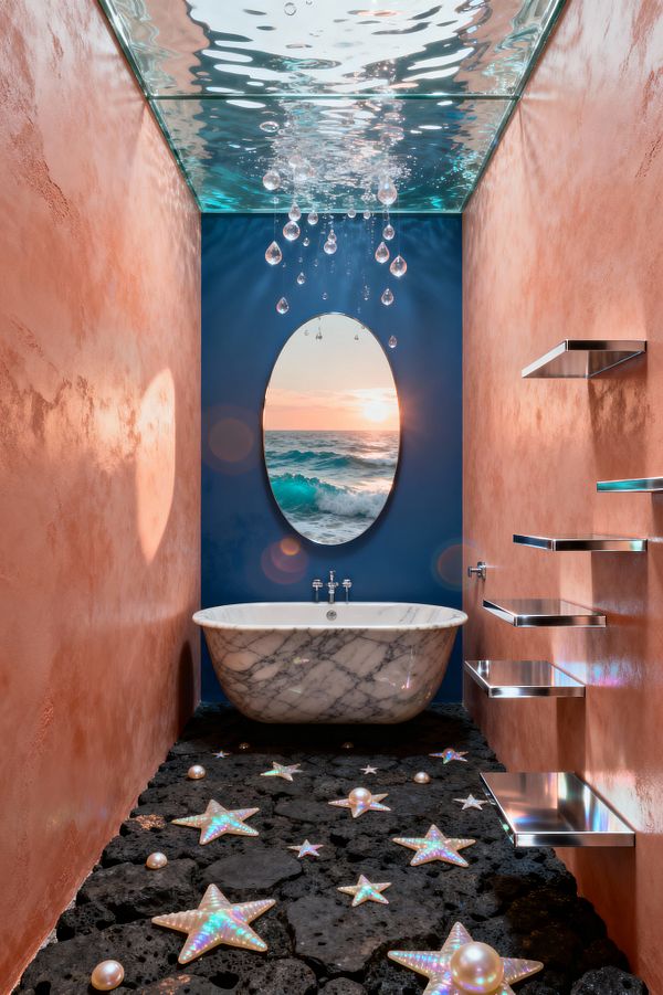 A narrow bathroom features textured coral plaster walls, a deep blue end wall, and a freestanding white marble tub centered below a ceiling that looks like rippling water and a hanging cluster of glass droplets. The floor is black basalt scattered with iridescent starfish and pearl-like spheres, while an oval mirror showing an ocean sunset hangs above the tub and floating stainless-steel shelves line the right wall, creating a surreal, underwater-inspired scene.