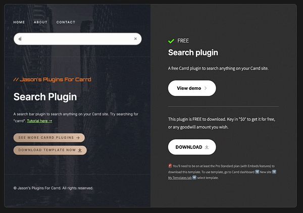 Screenshot of the Carrd Plugins homepage showcasing various plugins including the newly launched Search plugin.