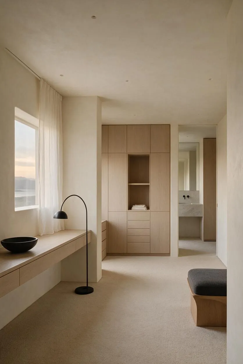 A calm minimalist closet with built-in light wood cabinetry, a central open niche, and flat-panel doors. The room has a soft beige carpet, a long window with sheer curtains, a black arched floor lamp, and a simple bench, with a marble vanity visible through the doorway.